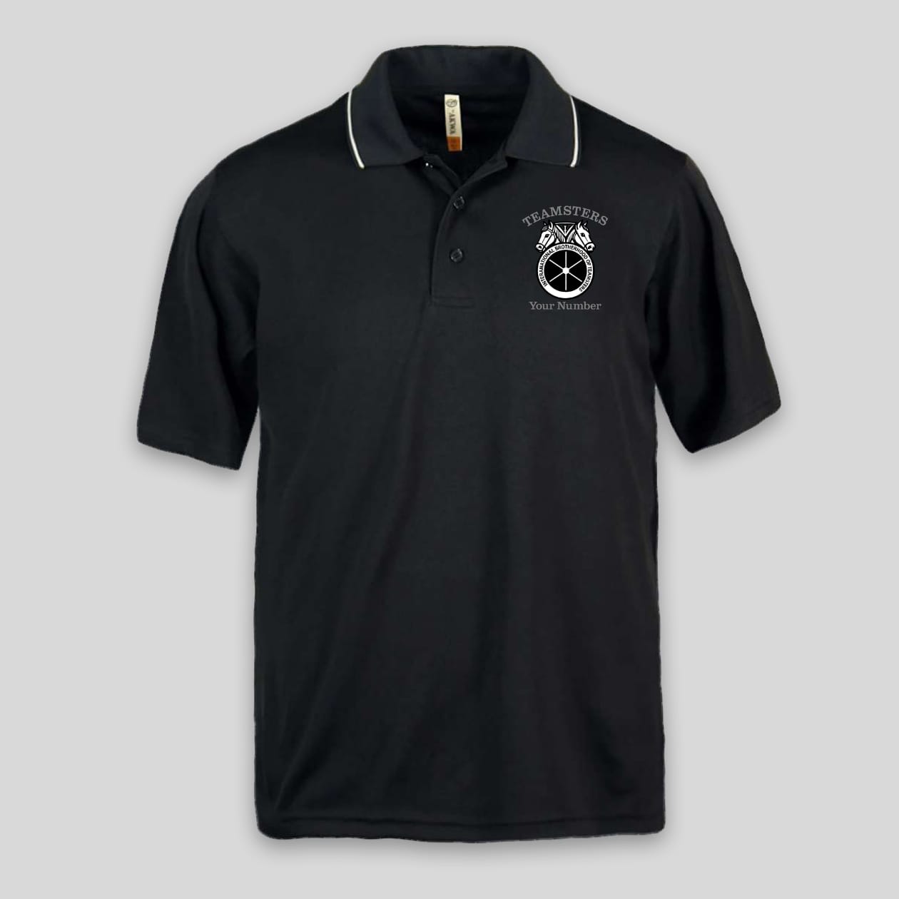 Black Teamsters Local 848 polo shirt with an embroidered Teamsters horse-and-wheel logo and space for a custom member number